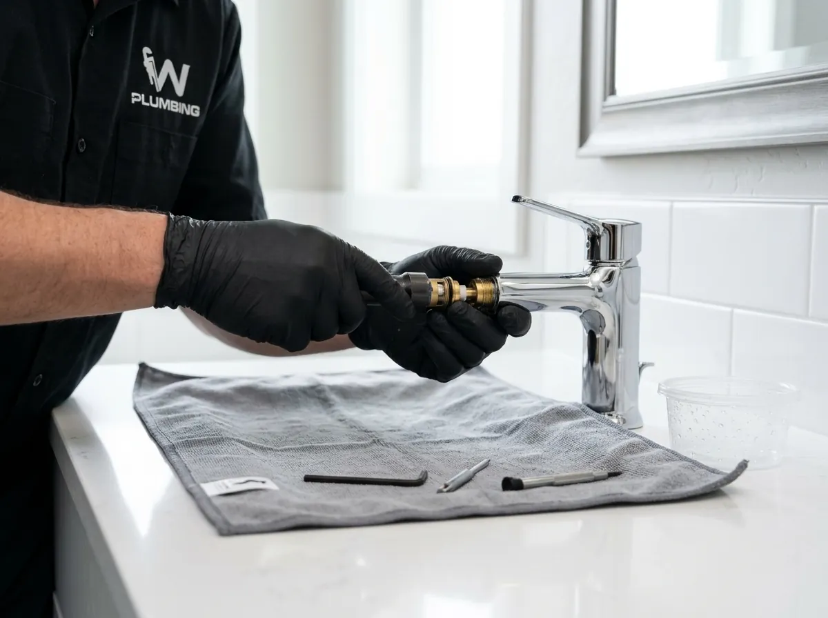 A person is fixing a sink pipe with a plumbing logo in the corner