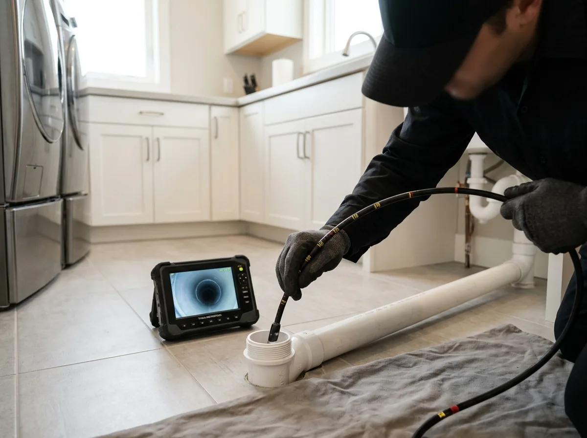 Plumber running a drain camera into a floor drain cleanout in Westminster, CO