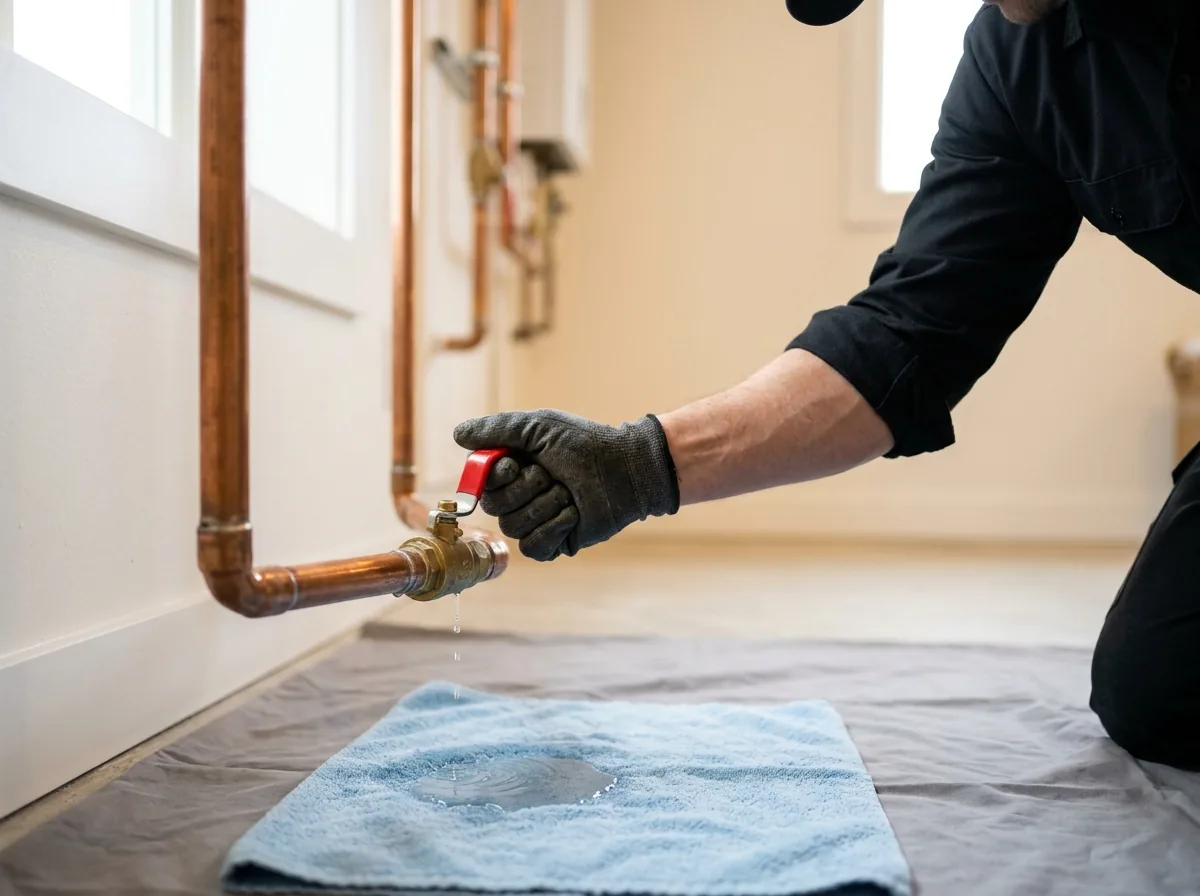 Plumber shutting off a leaking water valve during an emergency call in Westminster, CO