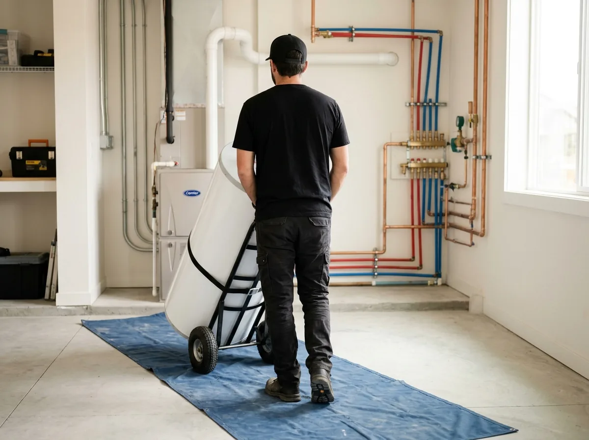Plumber moving a new water heater on a hand truck for a replacement in Westminster, CO